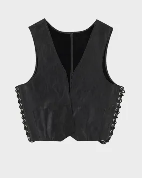 00s Black Leather Lace Up Waistcoat - XS