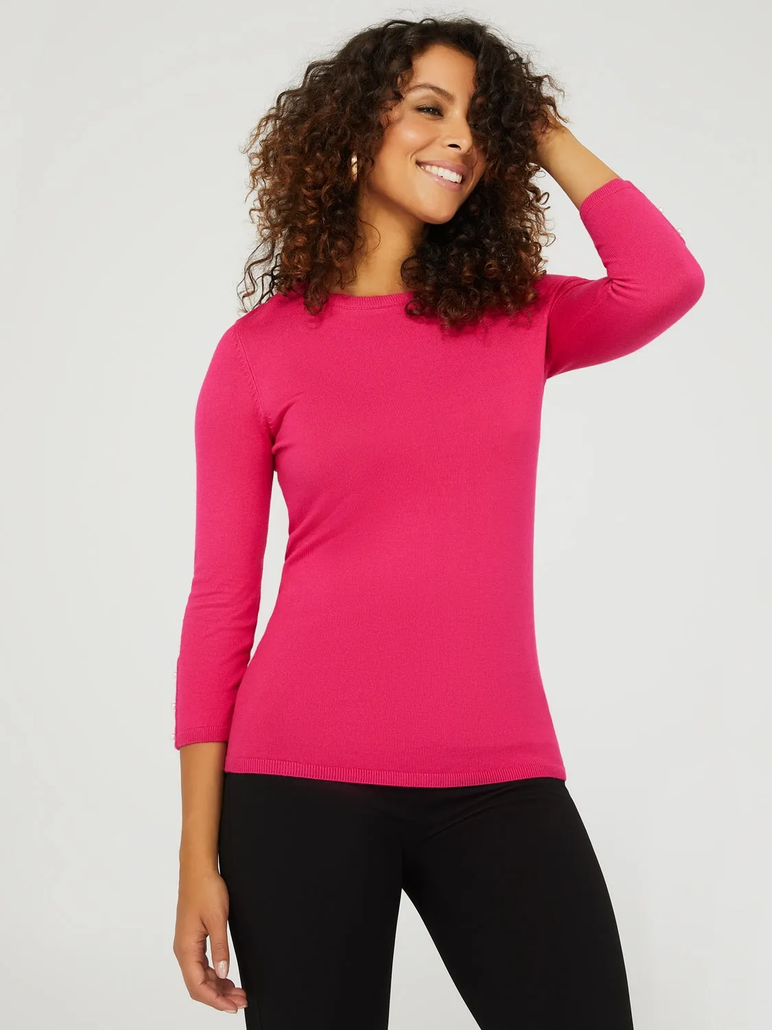 3/4 Sleeve Round Neck Sweater With Button Details