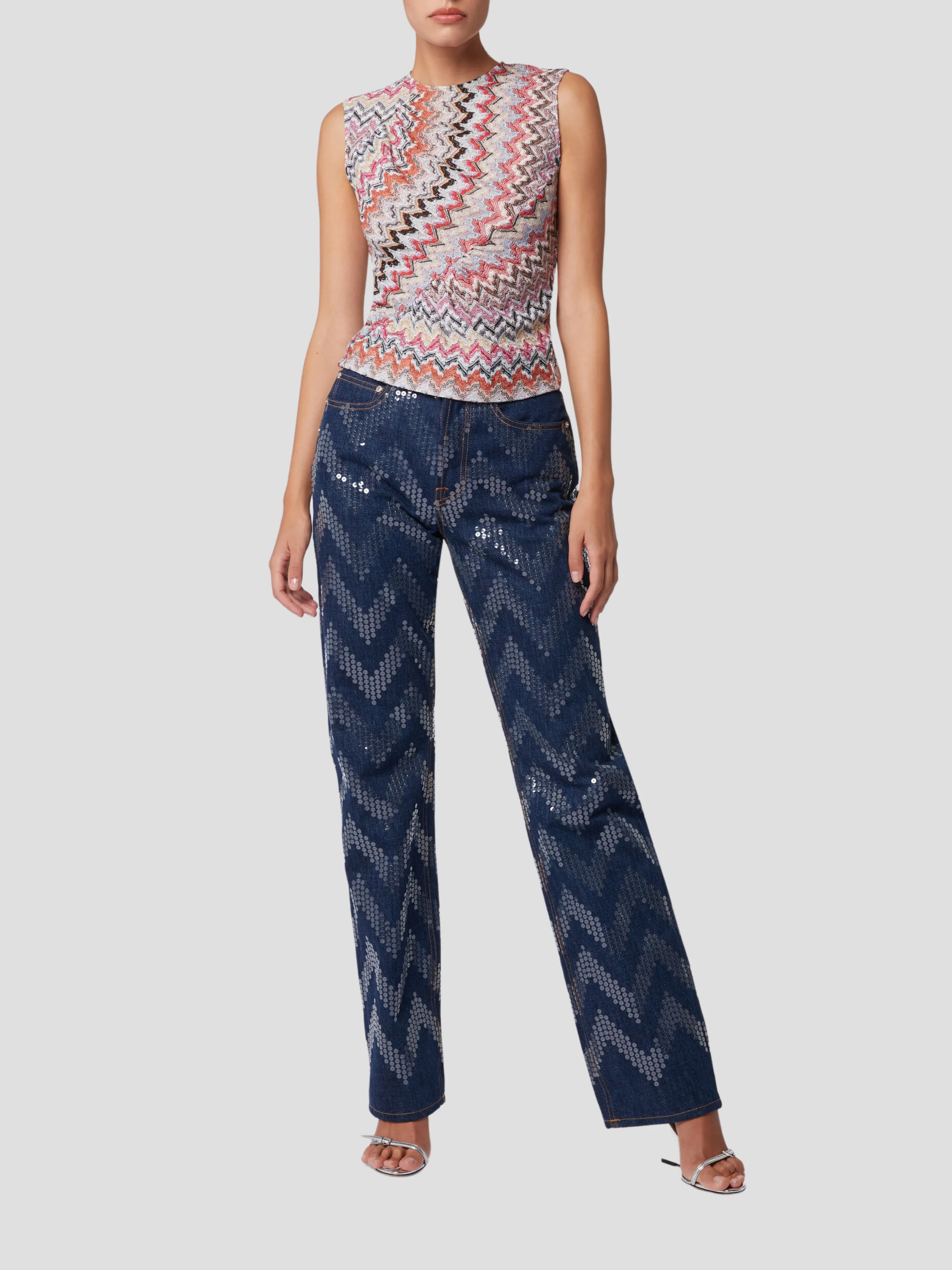 Blue Sequins Zig Zag Embroidery Denim Pant