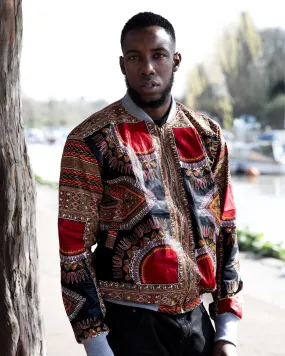 Dashiki Jacket in Black and Red Print- Festival Clothing