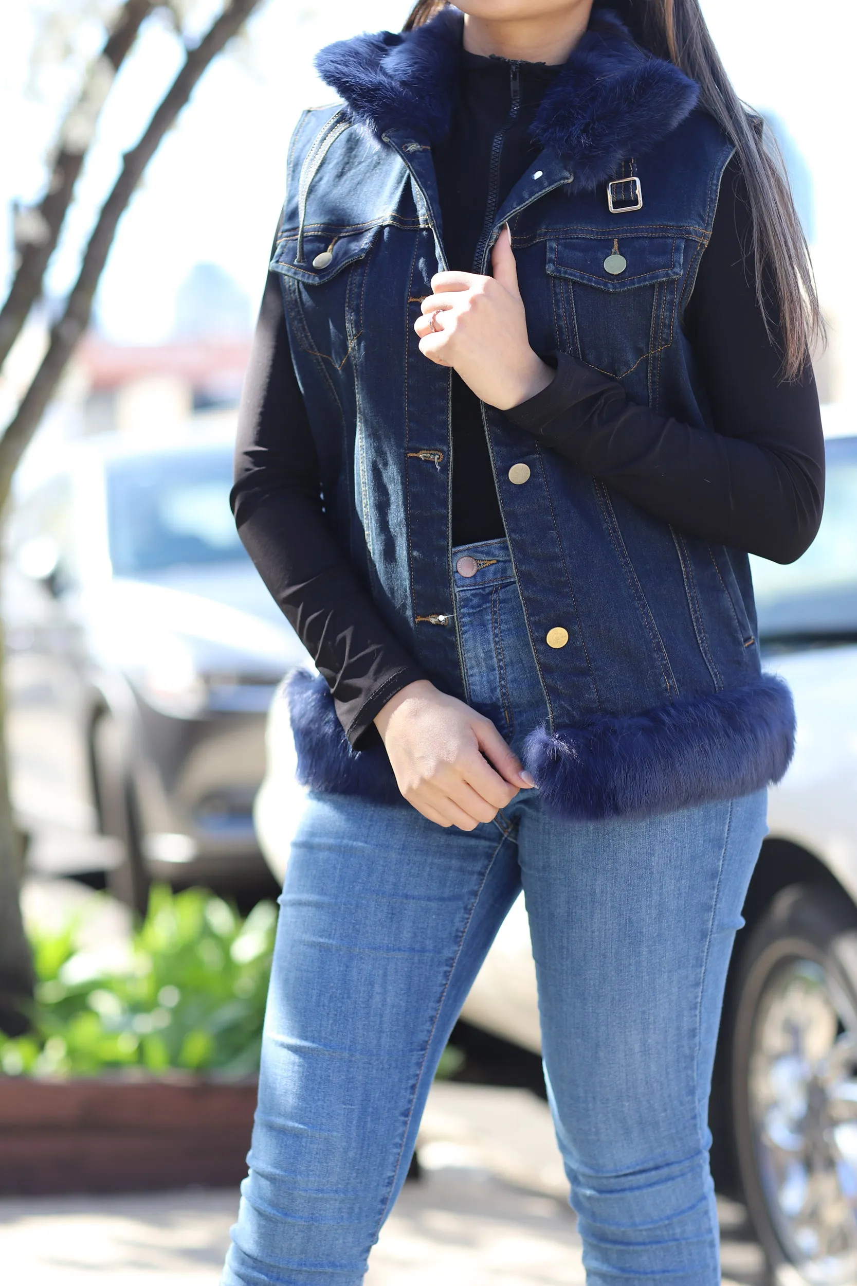 Denim Vest with Blue Fox Fur Trim - Blue/Natural