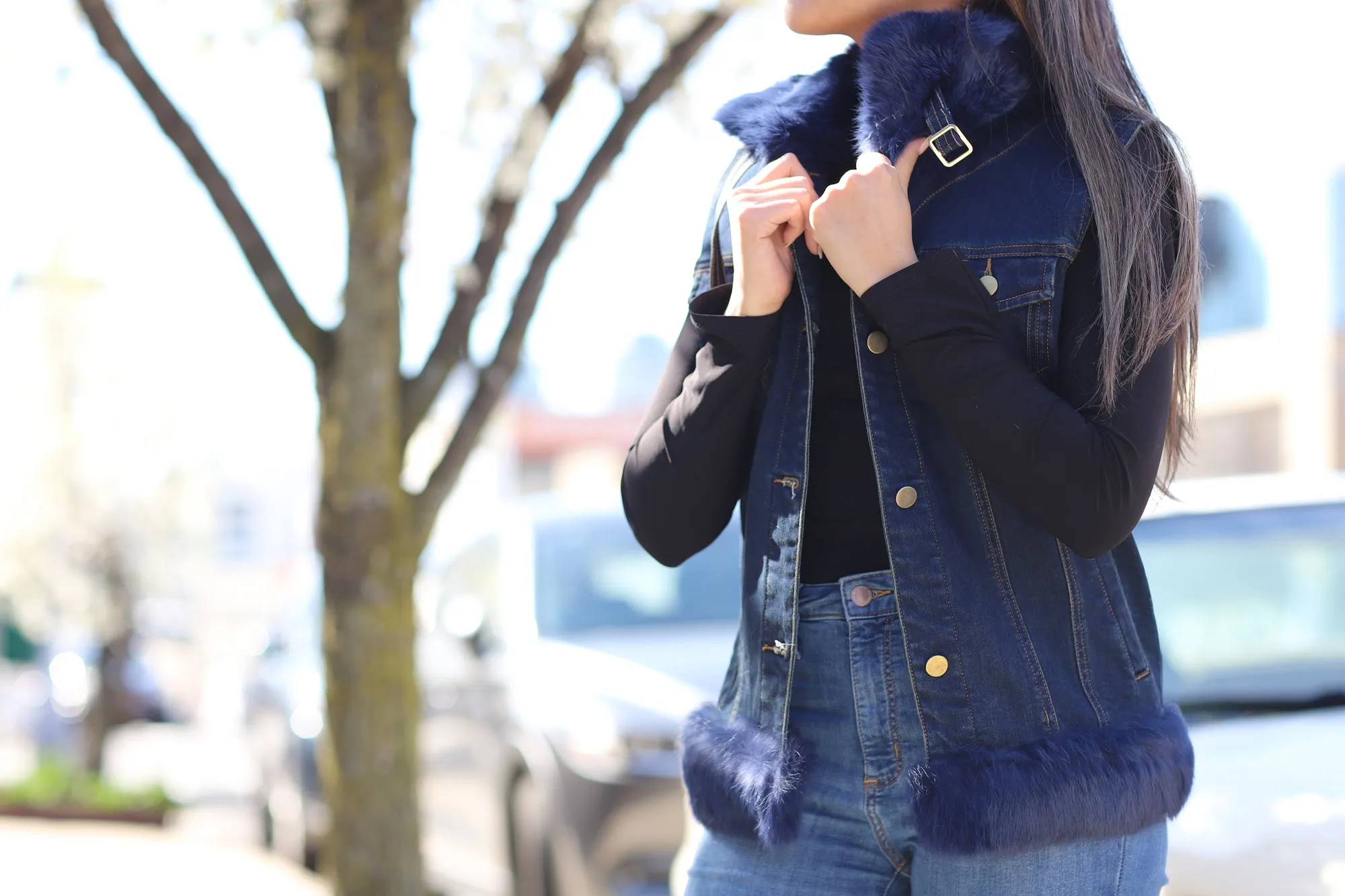 Denim Vest with Blue Fox Fur Trim - Blue/Natural