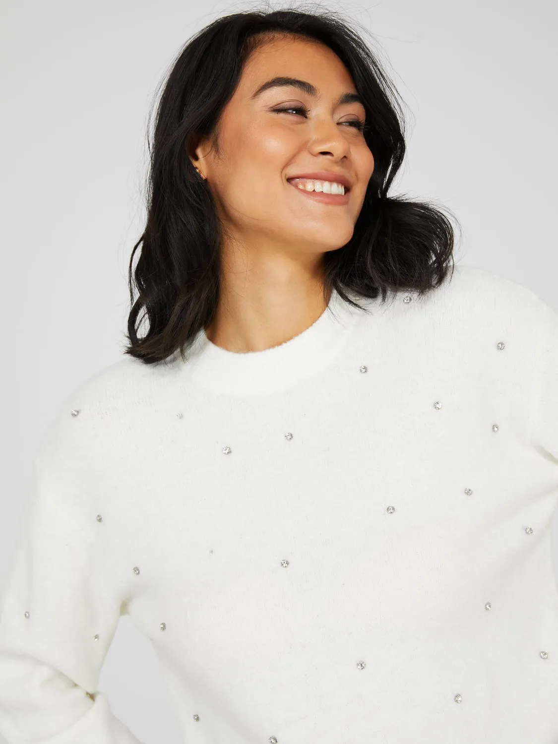 Diamond Embellished Crew Neck Sweater