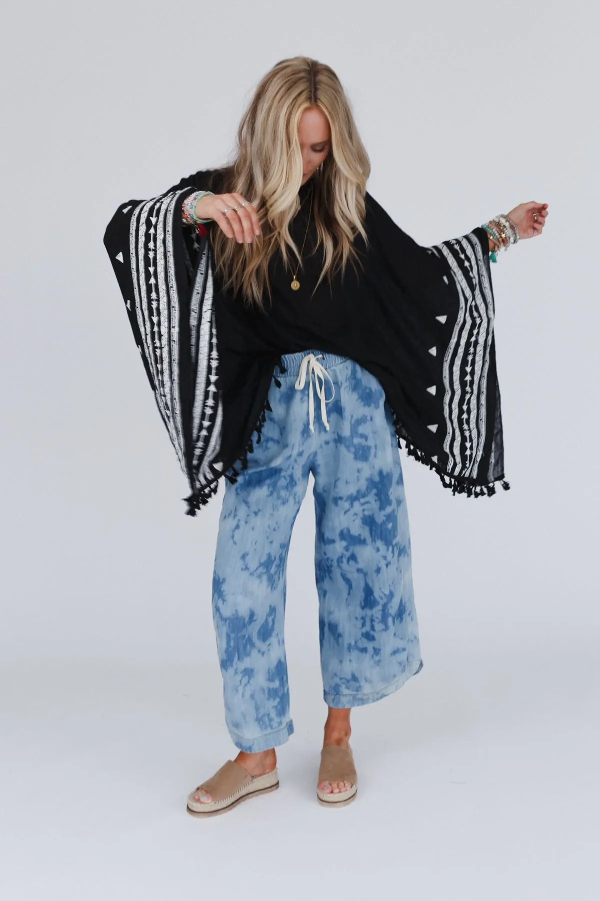 Fallon Embroidered Sleeve Tassel Poncho - Black