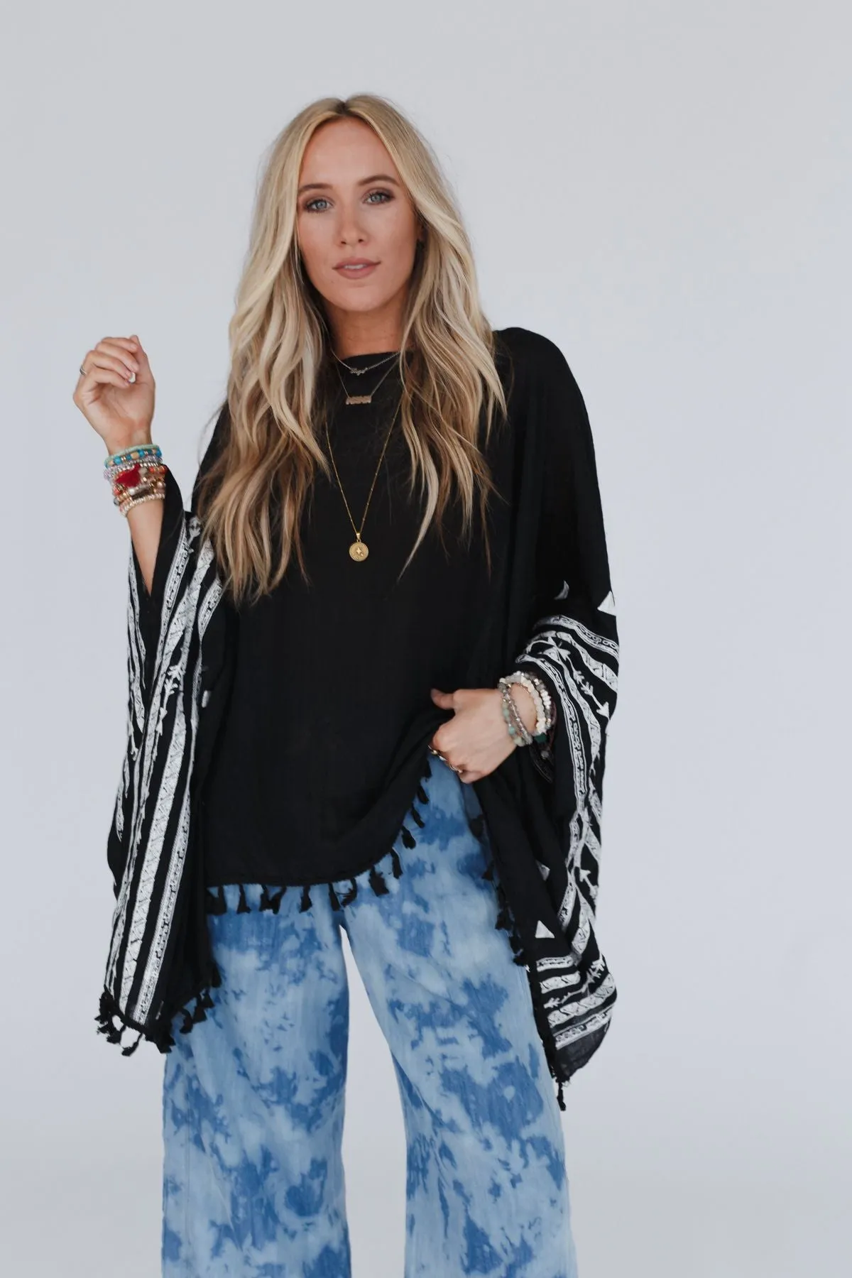 Fallon Embroidered Sleeve Tassel Poncho - Black