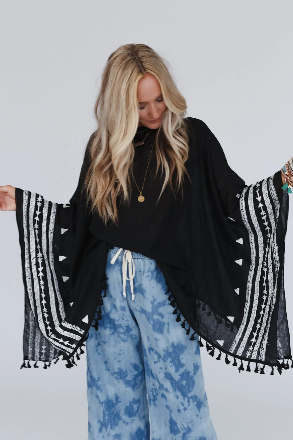 Fallon Embroidered Sleeve Tassel Poncho - Black