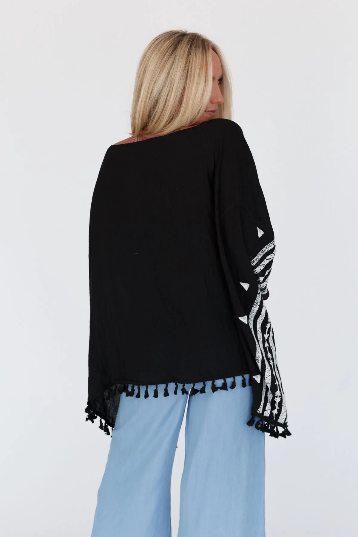 Fallon Embroidered Sleeve Tassel Poncho - Black