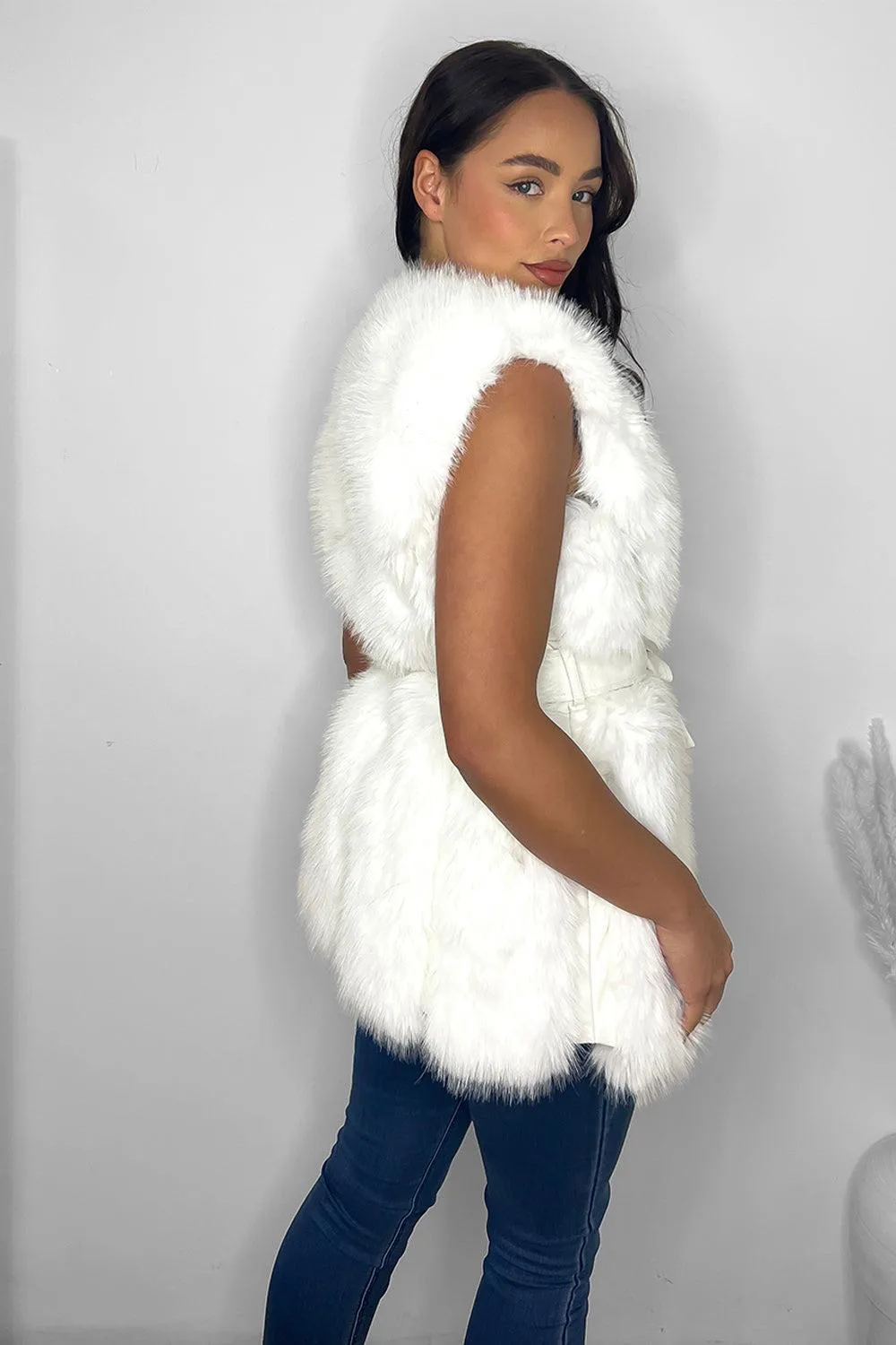 Faux Fur Gilet Belted Style Sleeveless Jacket