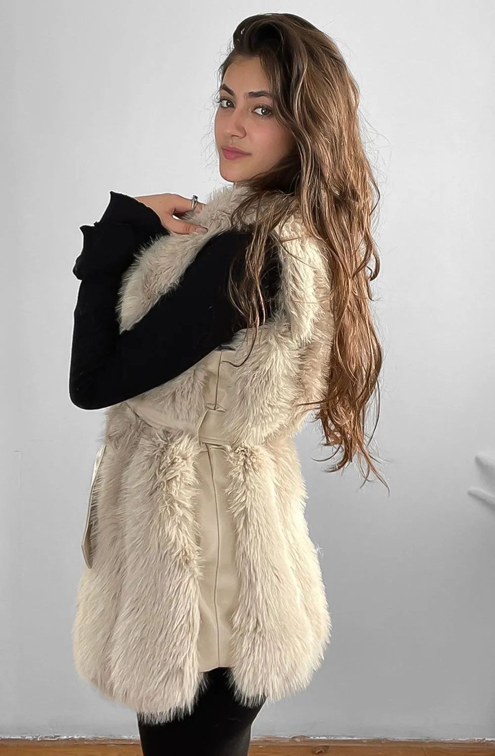 Faux Fur Gilet Belted Style Sleeveless Jacket