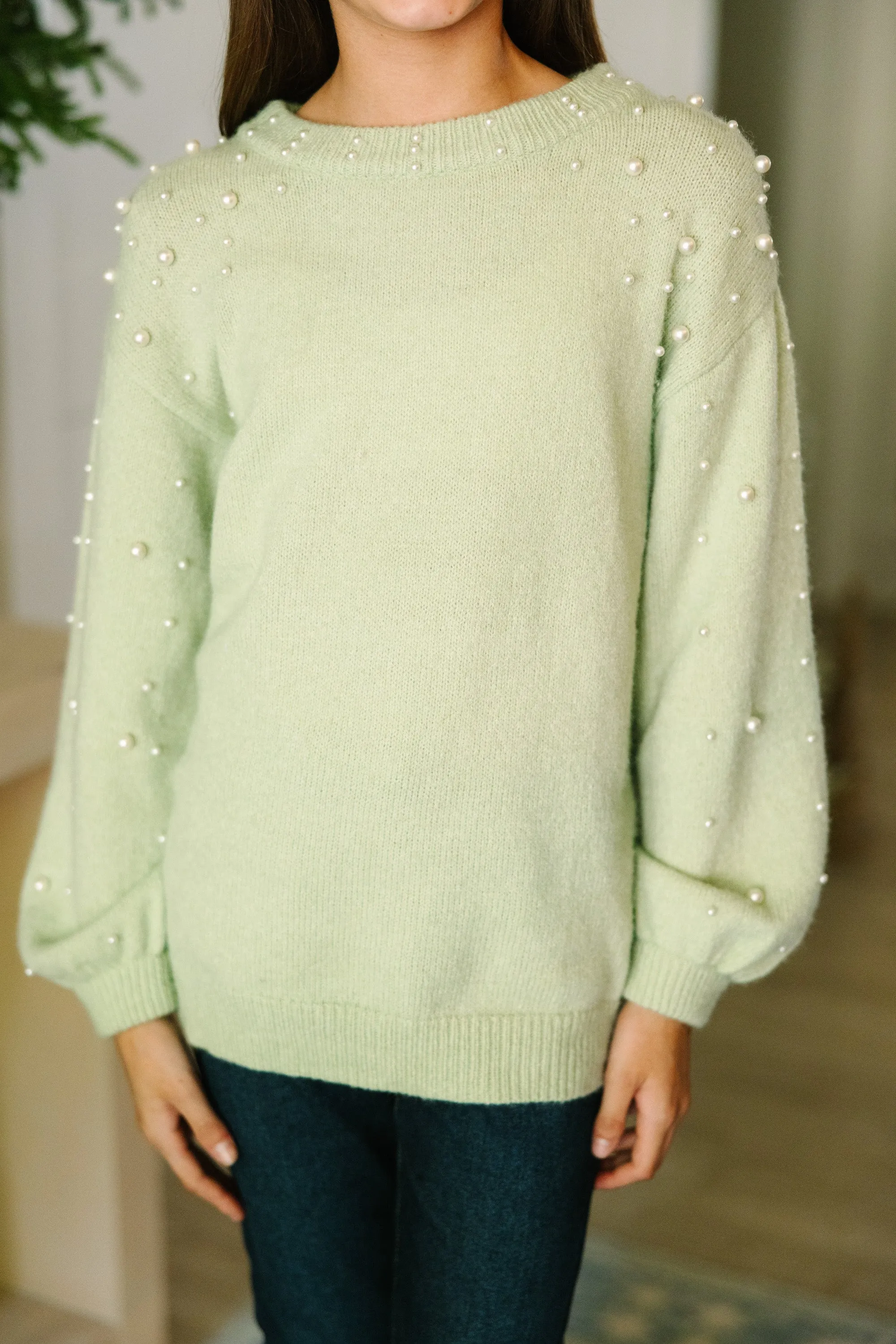 Girls: Can't Help But Love Sage Green Pearl Studded Sweater