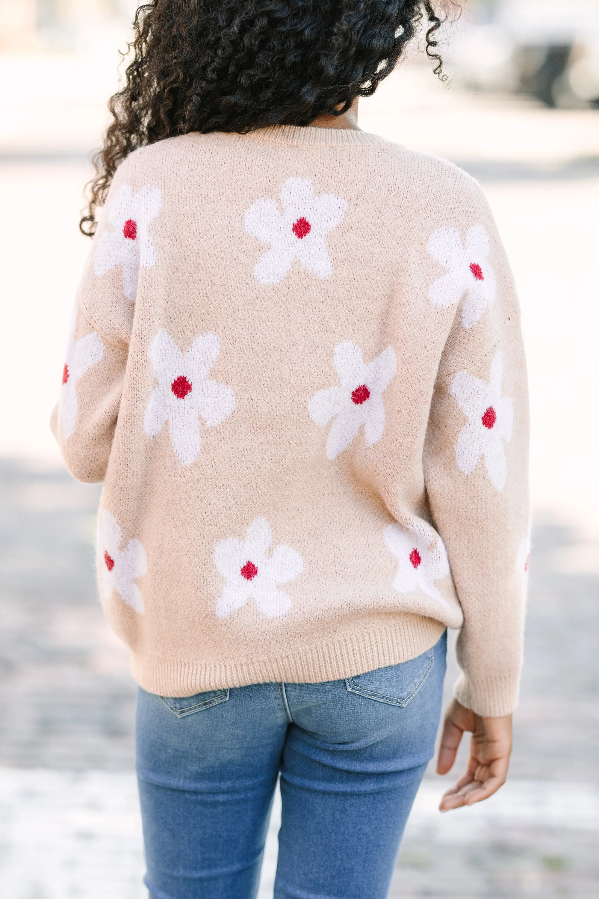 Girls: Feeling Fun Sand Brown Floral Sweater