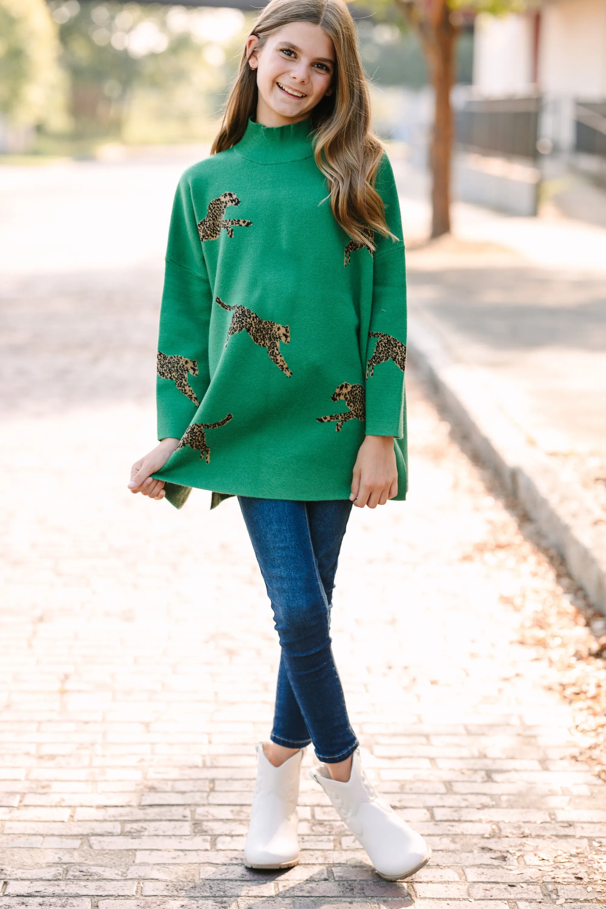 Girls: Quick Decisions Kelly Green Cheetah 3/4 Sleeve Sweater