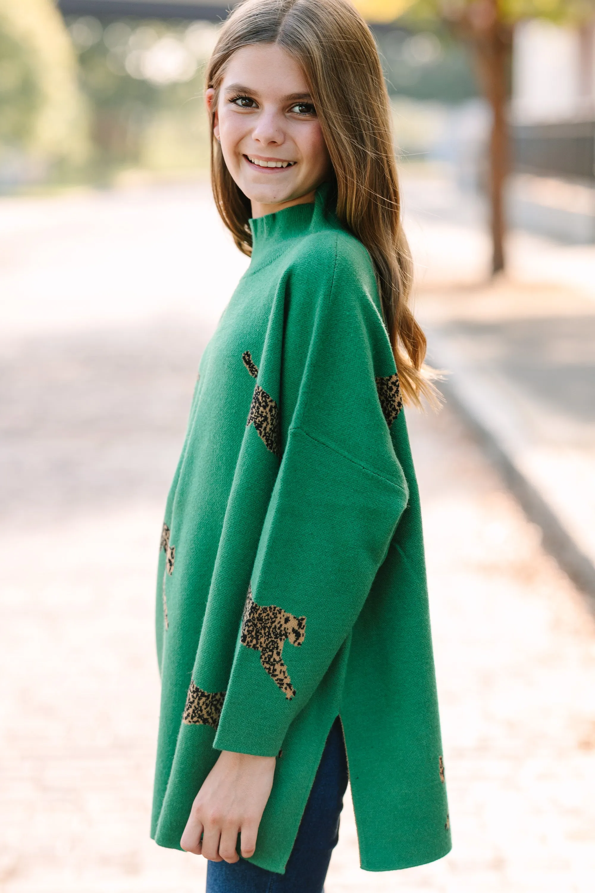 Girls: Quick Decisions Kelly Green Cheetah 3/4 Sleeve Sweater