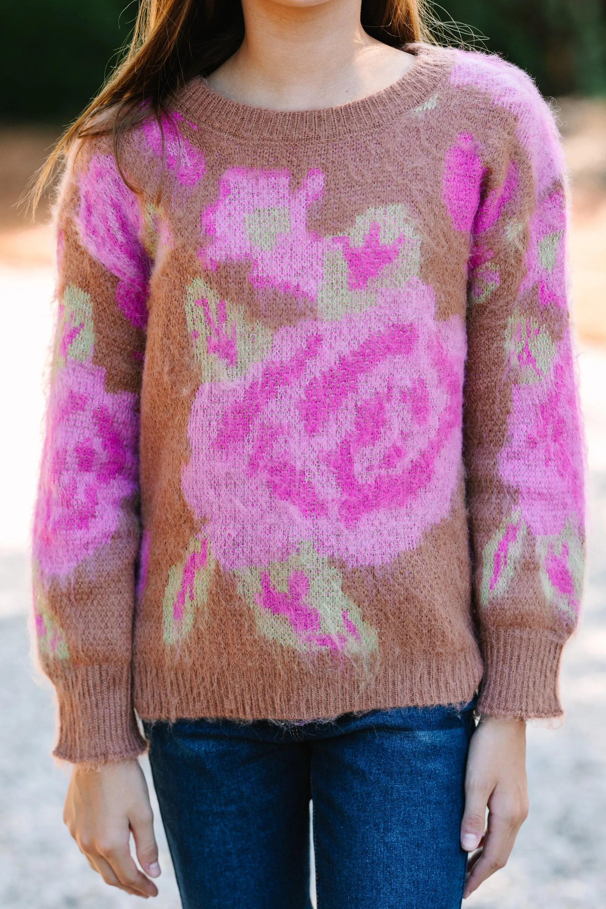 Girls: Talk That Talk Camel Brown Floral Sweater