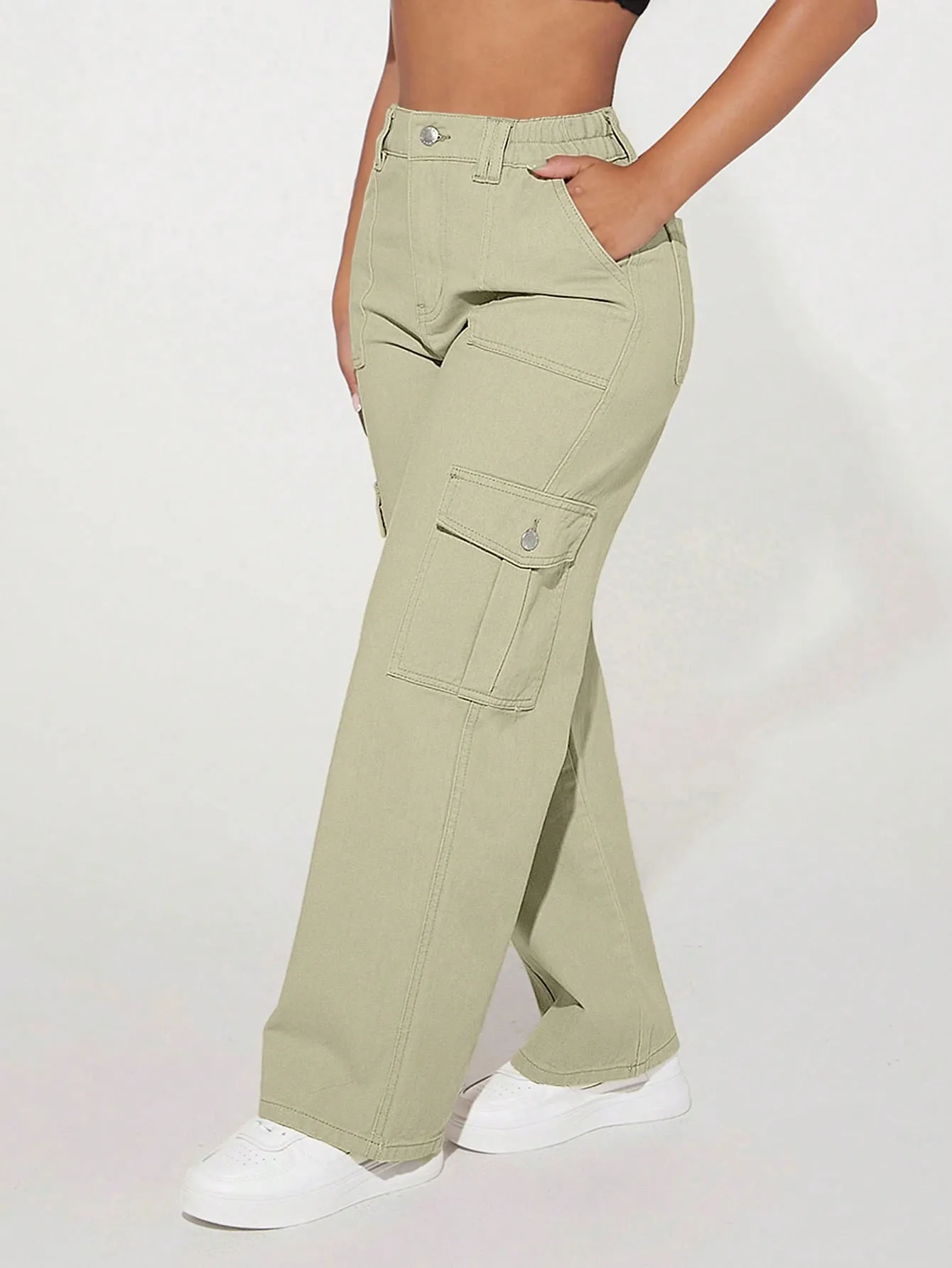 High Waist Flap Pocket Cargo Jeans