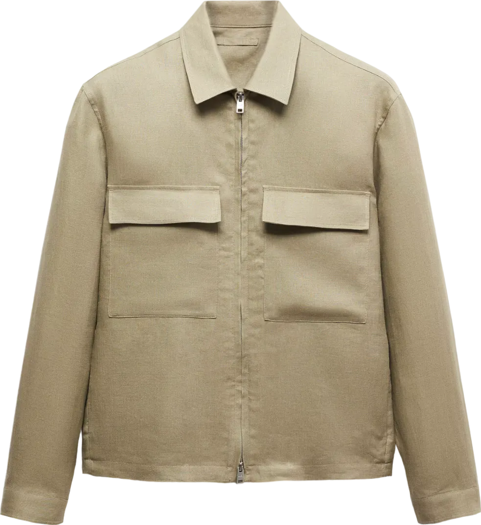 MANGO Beige / Olive 100% Linen Overshirt With Pockets BNWT UK M