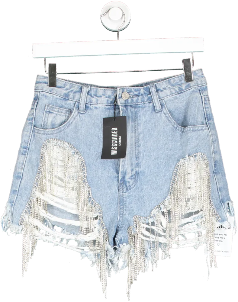 Missguided Blue Diamante String Ribbed Denim Shorts UK 10