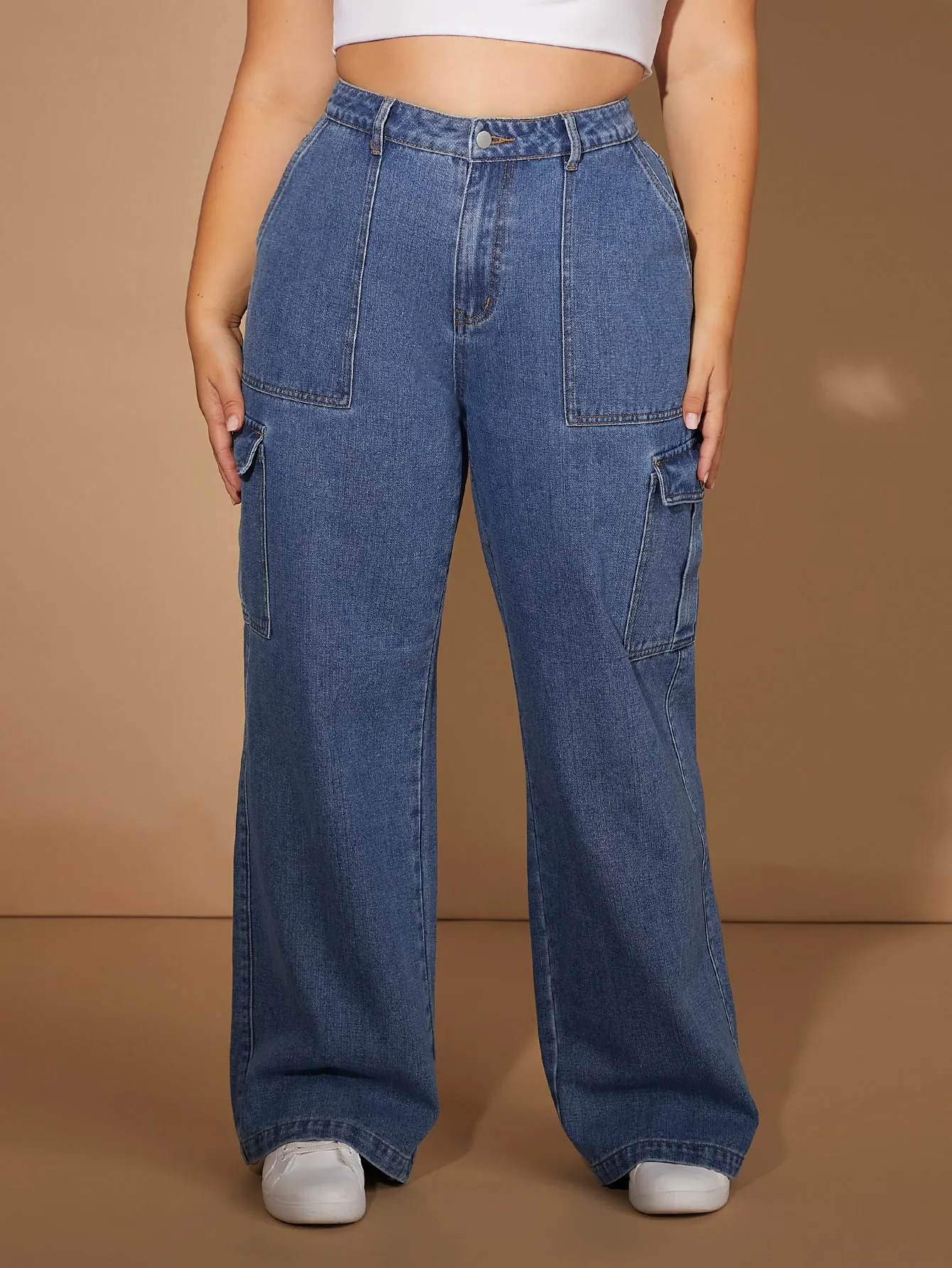 Plus High Waist Flap Pocket Side Cargo Jeans