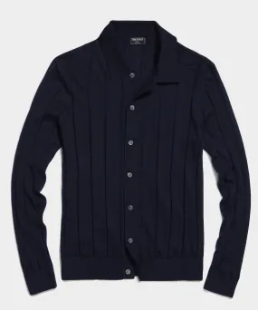 Solid Long Sleeve Full-Placket Sweater Polo in Navy