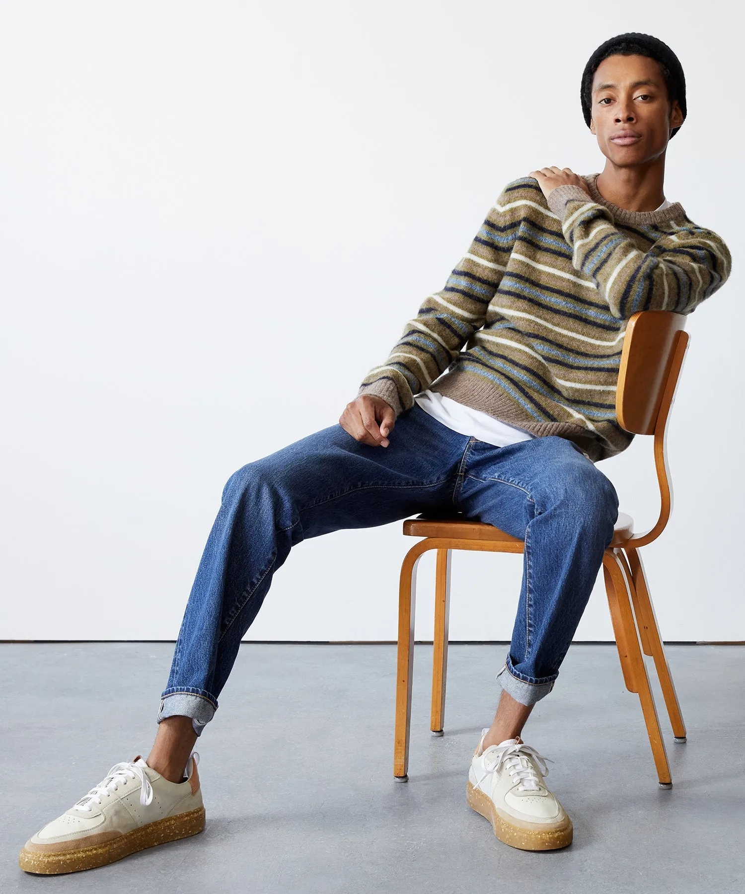 Striped Brushed Wool Crewneck in Umber