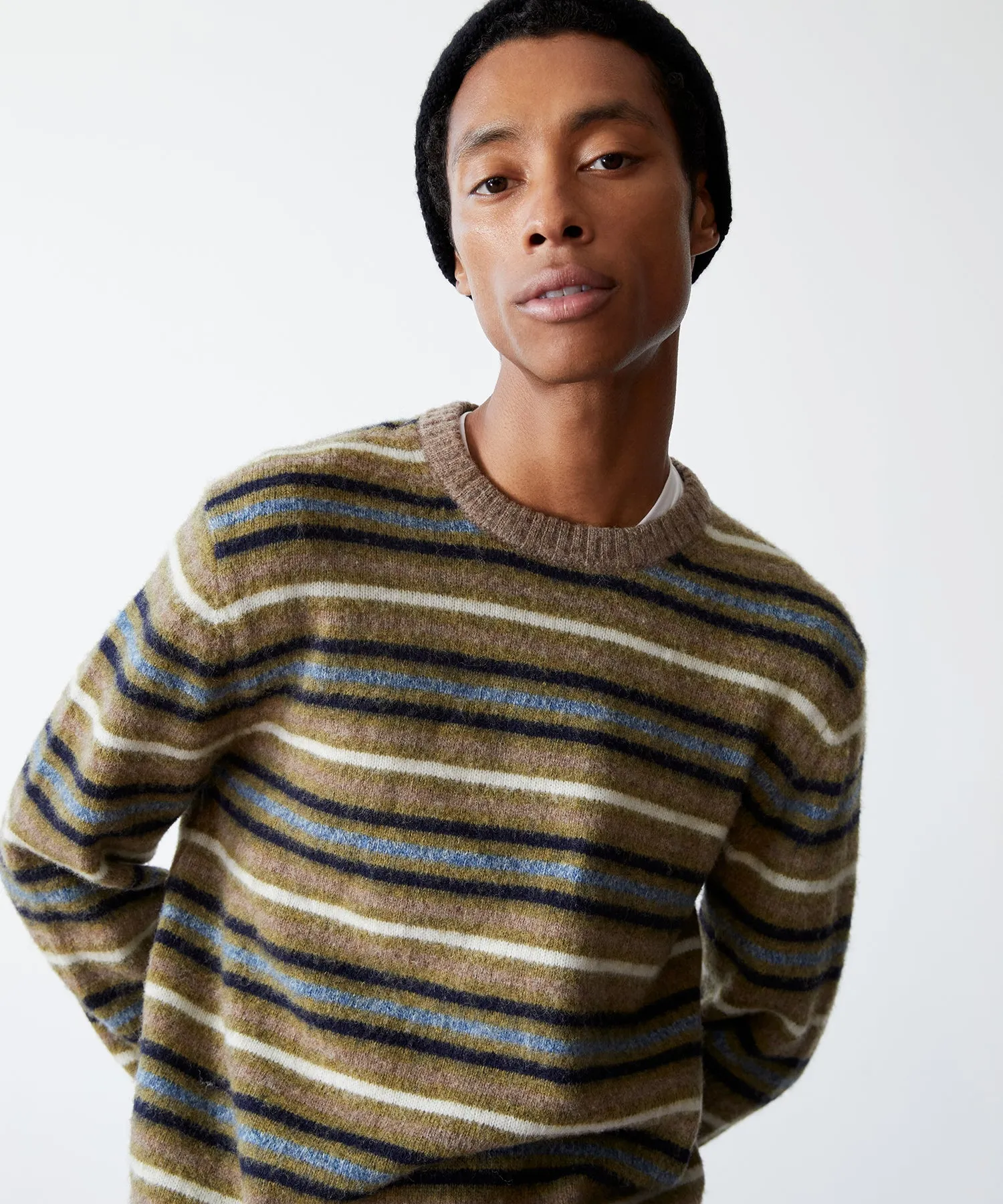 Striped Brushed Wool Crewneck in Umber