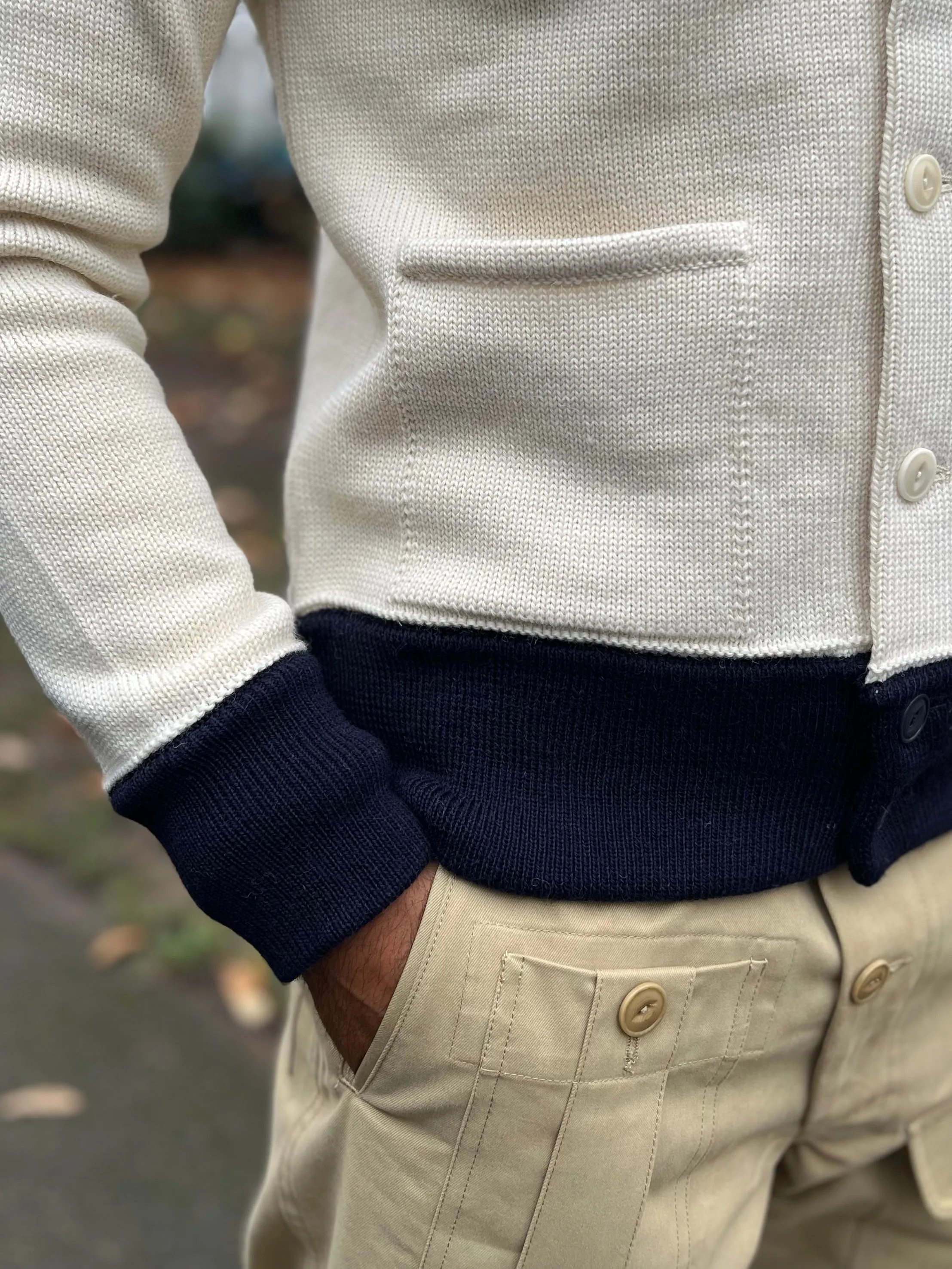 THE BRIG 2 CARDIGAN - ECRU/NAVY TRIM